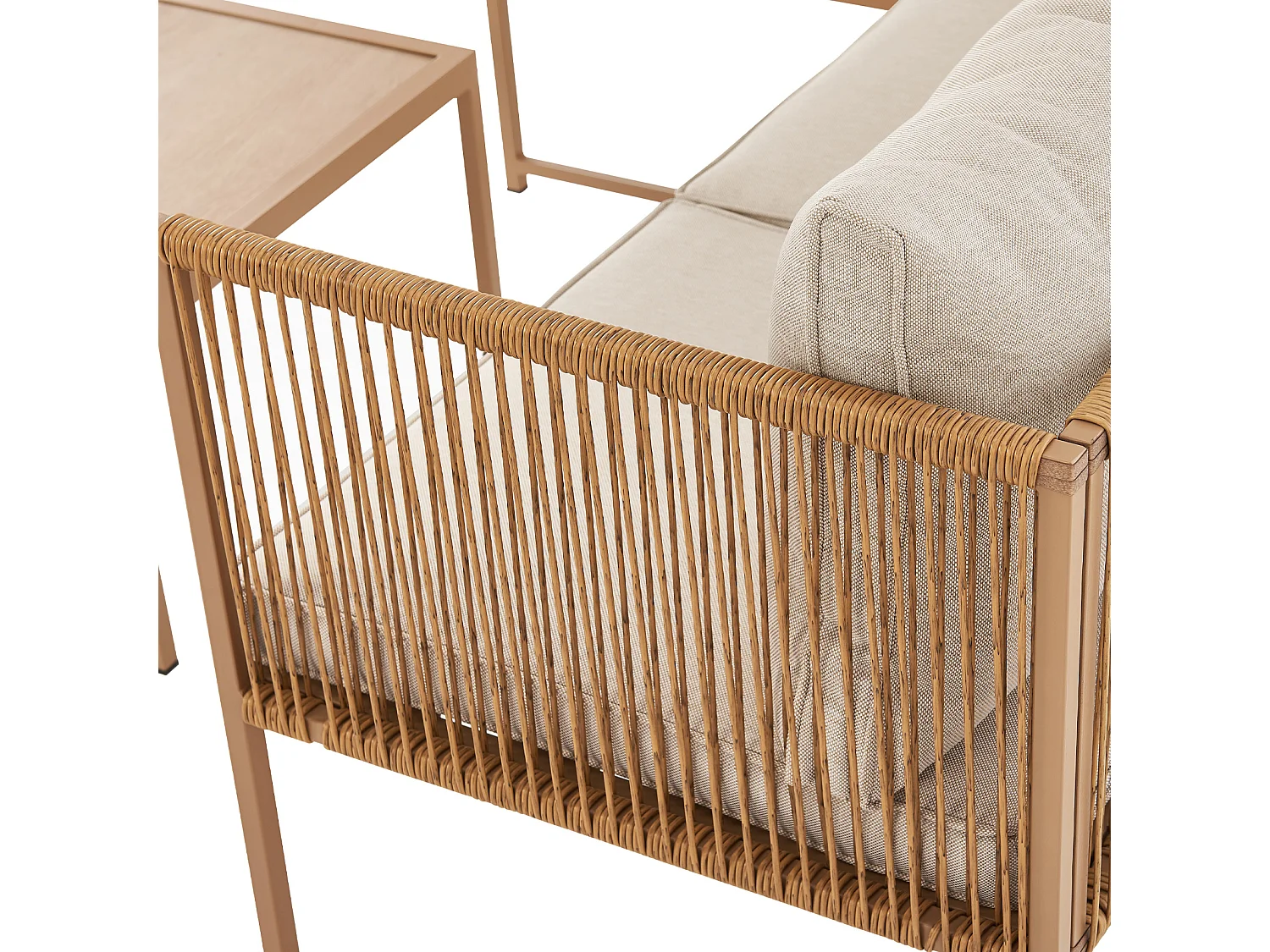 Salon de jardin en résine tressée Canapé d'angle modulable Table Coussins inclus Beige