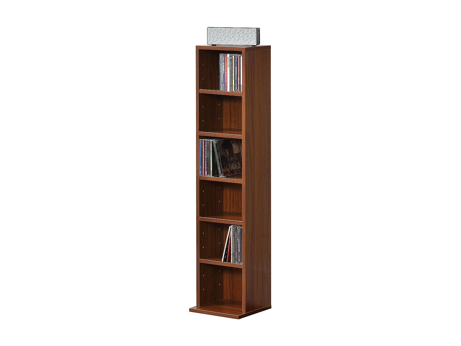 Estantería de torre para CD/DVD con 6 baldas 90 x 20 x 20 cm MDF melaminado efecto nogal 03_0001678
