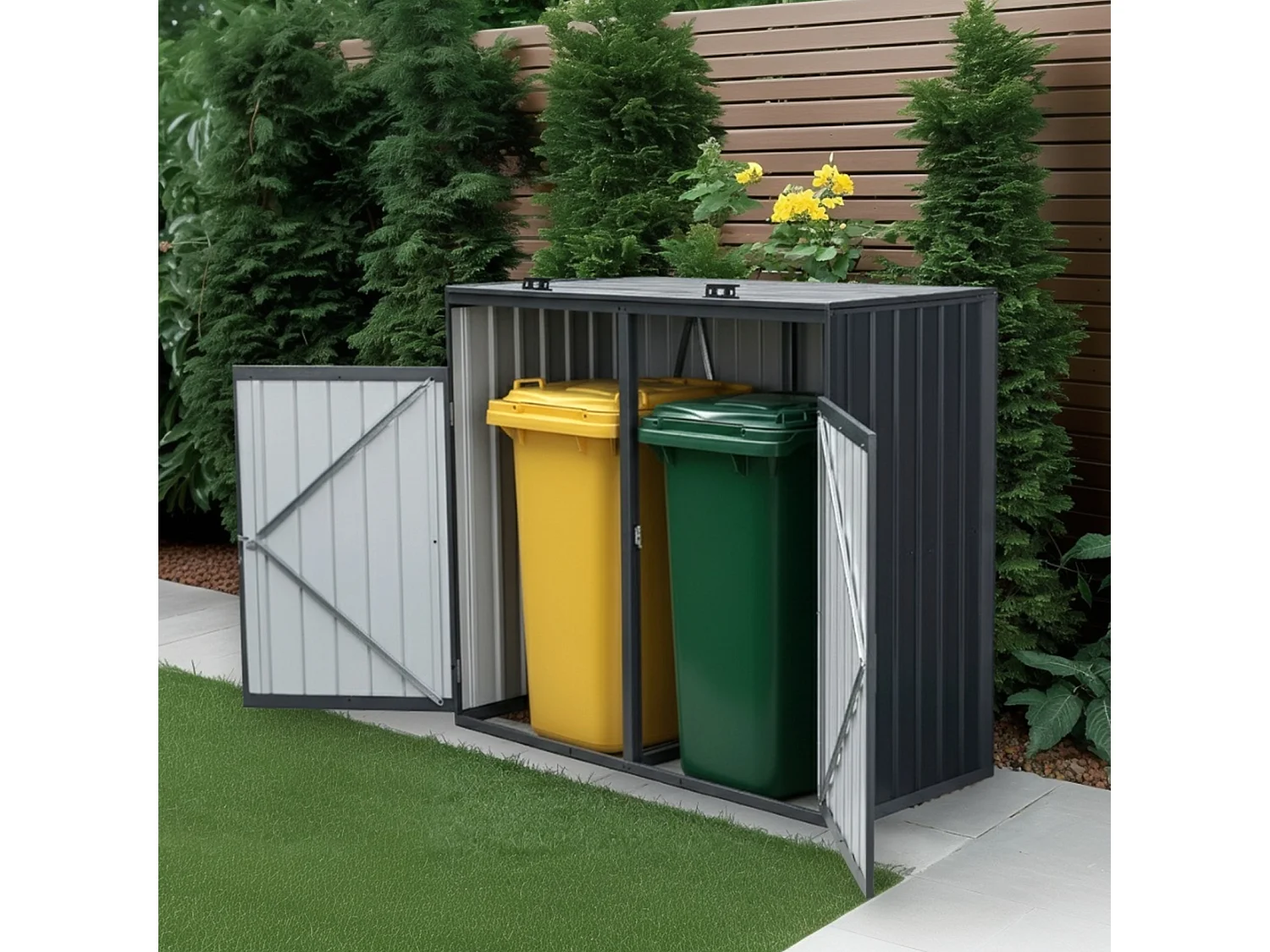 Cache Poubelle Exterieur | 160 x 80 x 122 cm | Métal (Acier galvanisé) | Couleur Anthracite | Abri Poubelle Exterieur Double