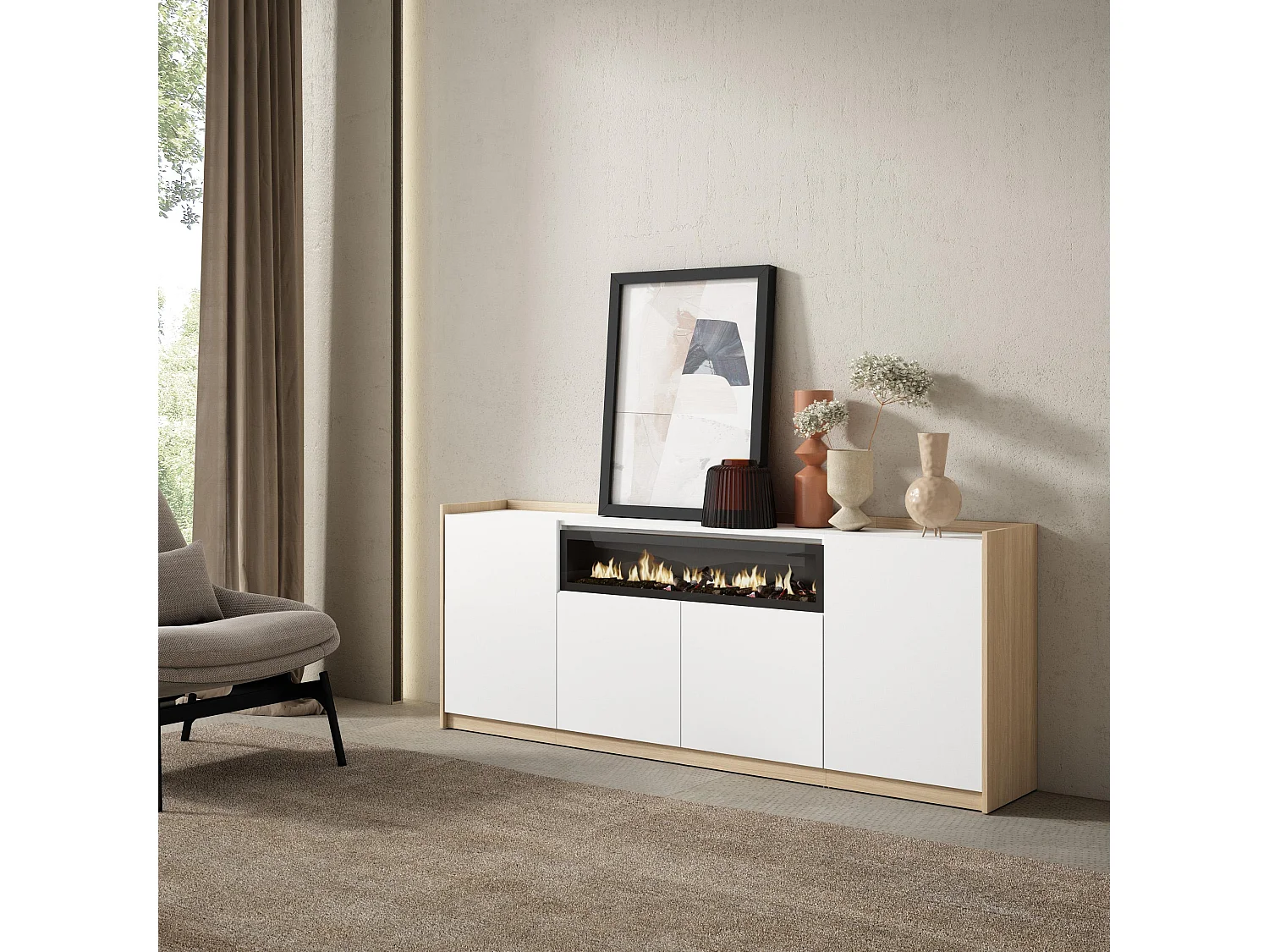 Buffet salon et cuisine, 207x80x37 cm, 4 Portes, Cheminée électrique, Blanc et Chêne Soft