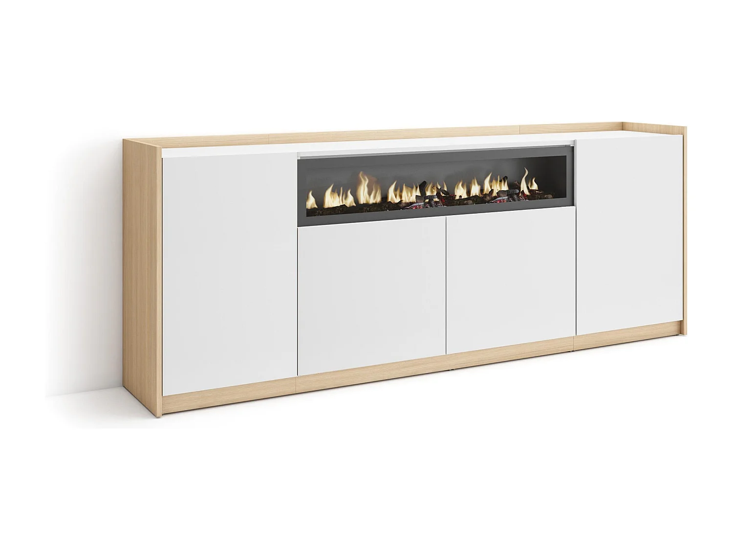 Dressoir, Opbergkast, 207x80x37 cm, 4 Deuren, Elektrische haard, Wit en Eiken soft