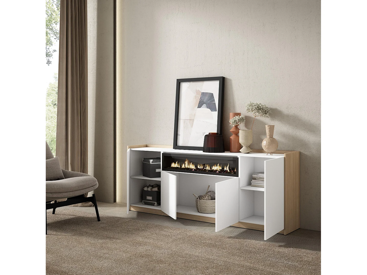 Dressoir, Opbergkast, 207x80x37 cm, 4 Deuren, Elektrische haard, Wit en Eiken soft