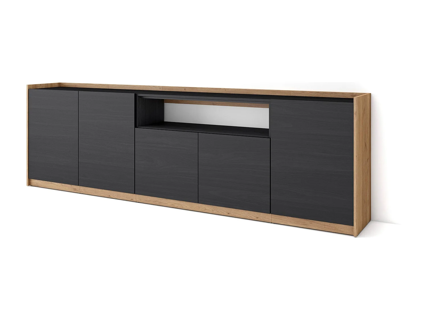 Dressoir, Opbergkast, 260x80x37 cm, 5 Deuren, Woonkamer, hal, Zwart/Eiken