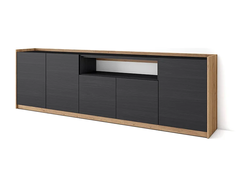 Dressoir, Opbergkast, 260x80x37 cm, 5 Deuren, Woonkamer, hal, Zwart/Eiken