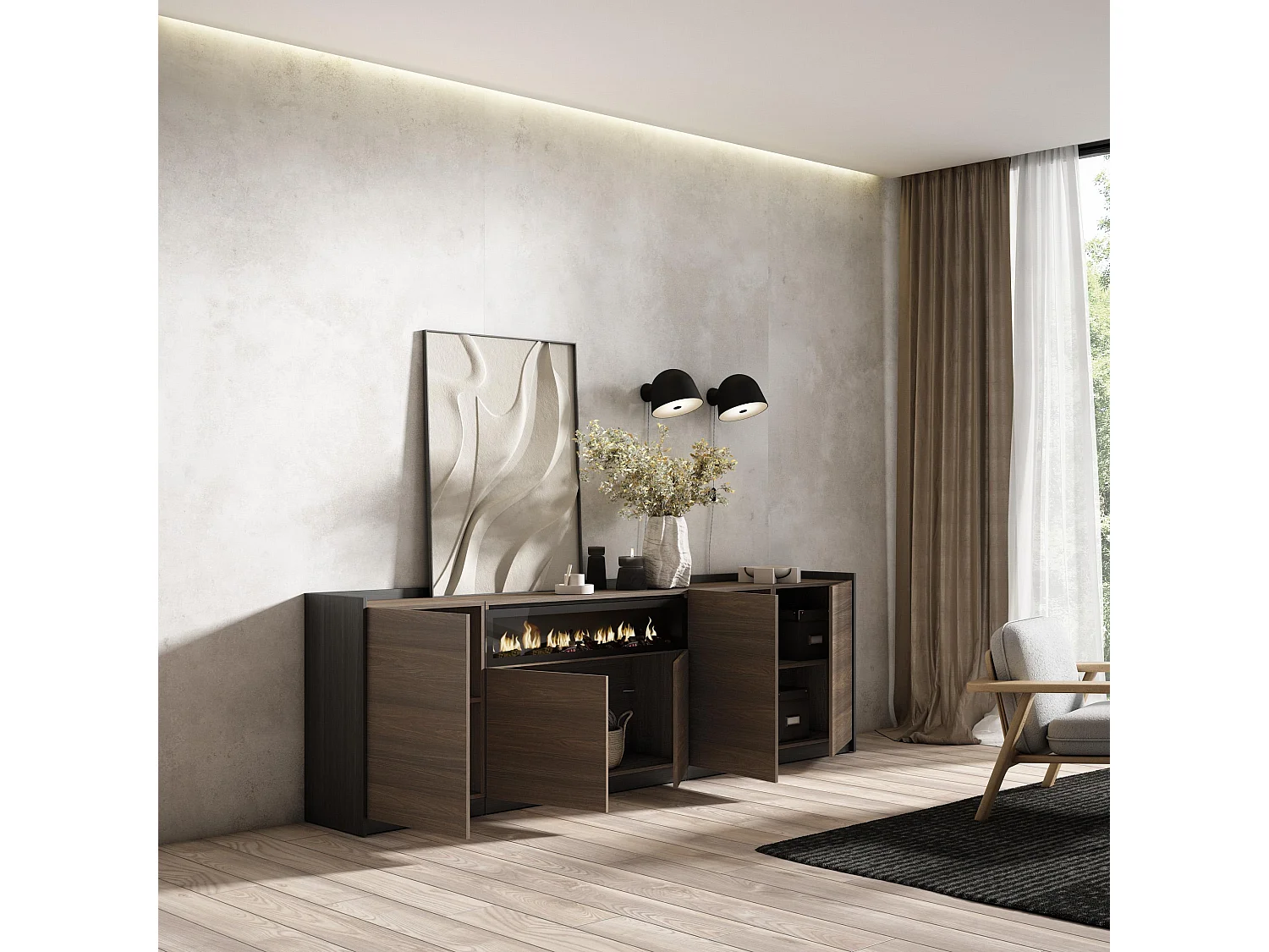 Buffet salon et cuisine, 260x80x37 cm, 5 Portes, Cheminée électrique, Chêne foncé et Noir