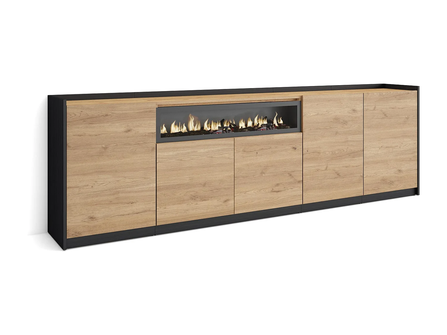 Buffet salon et cuisine, 260x80x37 cm, 5 Portes, Cheminée électrique, Chêne et noir