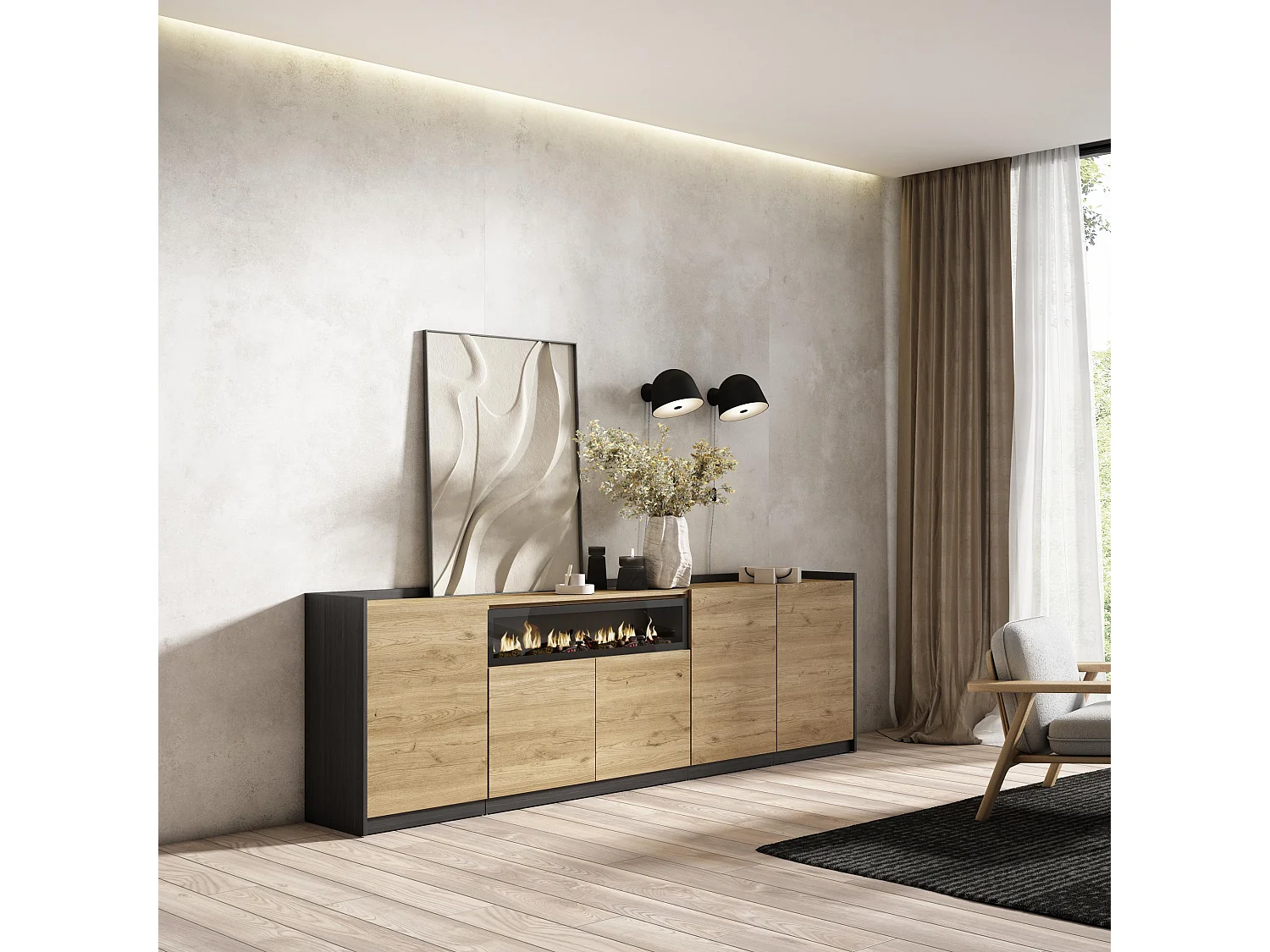 Dressoir, Opbergkast, 260x80x37 cm, 5 Deuren, Elektrische haard, Eiken/Zwart