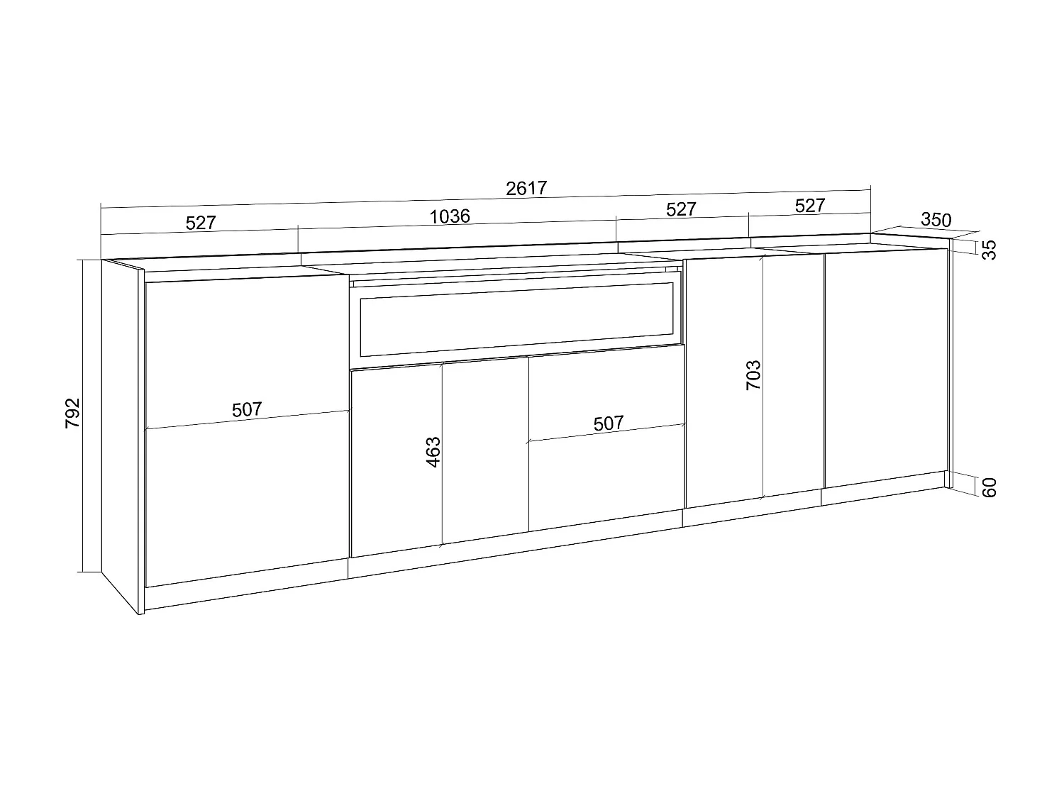 Dressoir, Opbergkast, 260x80x37 cm, 5 Deuren, Elektrische haard, Eiken/Zwart