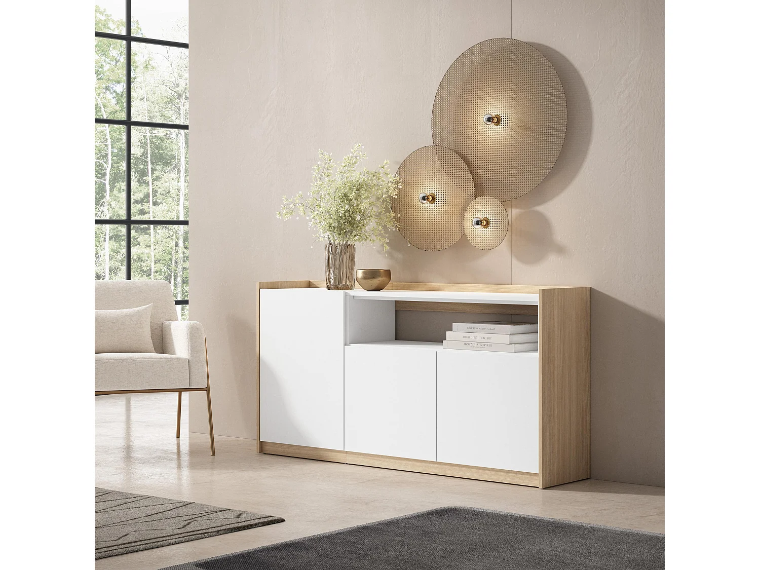 Buffet salon et cuisine, 156x80x37 cm, 3 Portes, Meuble chaussure, Blanc et Chêne Soft