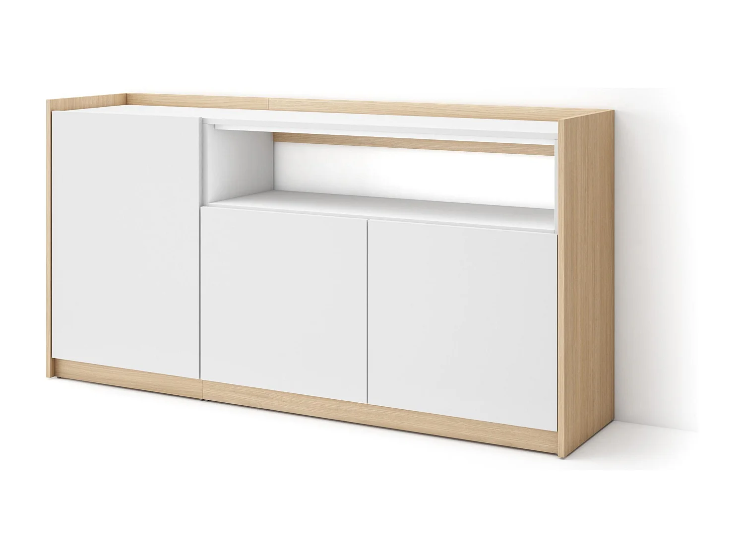 Dressoir, Opbergkast, 156x80x37 cm, 3 Deuren, Woonkamer, hal, Wit en Eiken soft