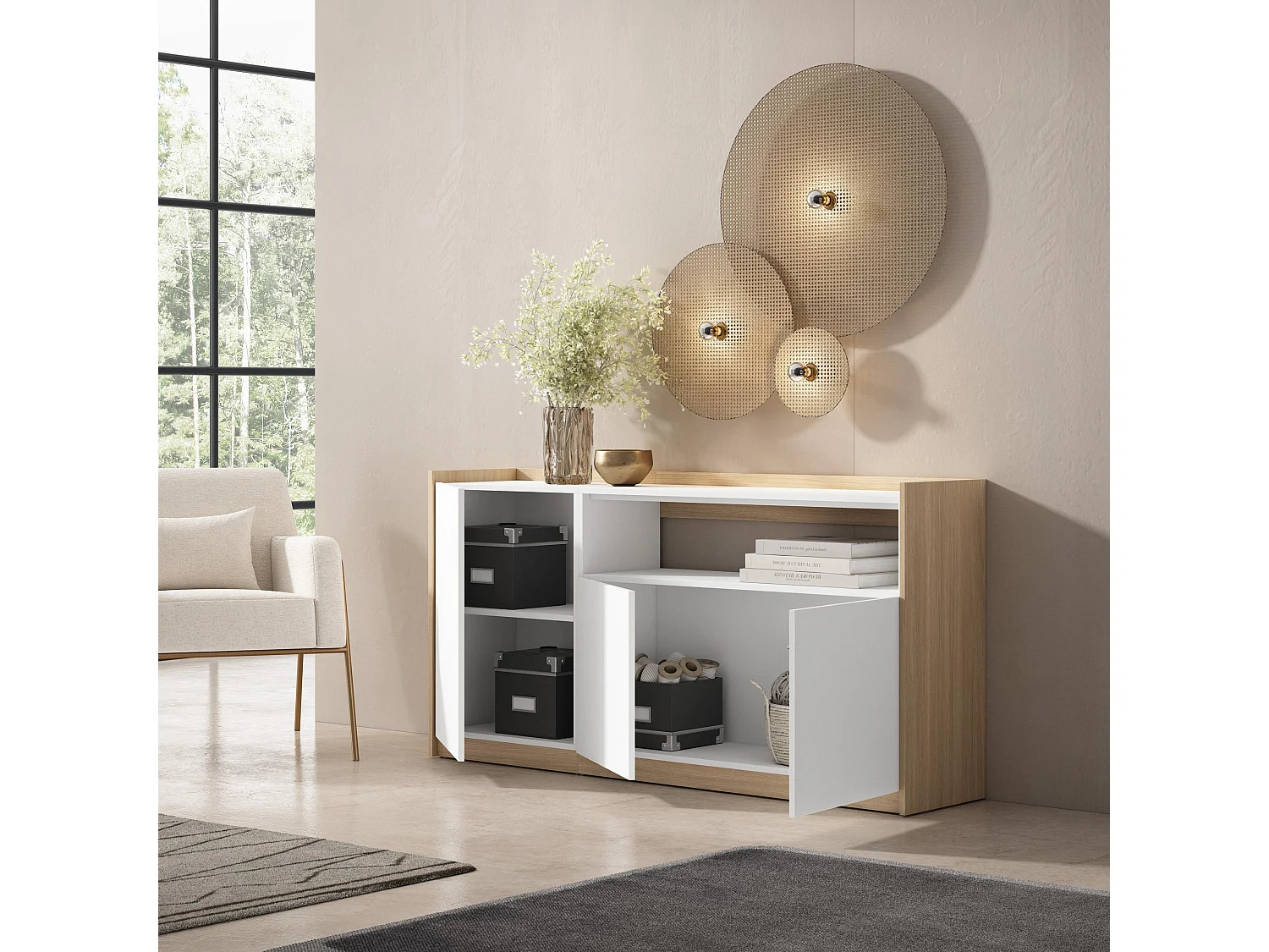 Dressoir, Opbergkast, 156x80x37 cm, 3 Deuren, Woonkamer, hal, Wit en Eiken soft