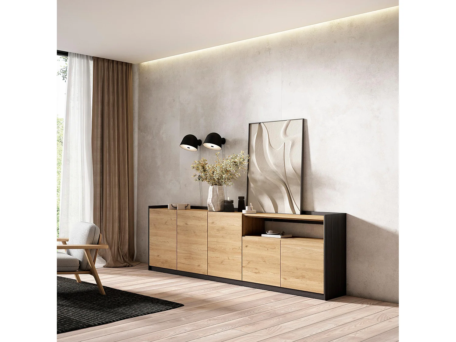 Dressoir, Opbergkast, 260x80x37 cm, 5 Deuren, Woonkamer, hal, Eiken/Zwart