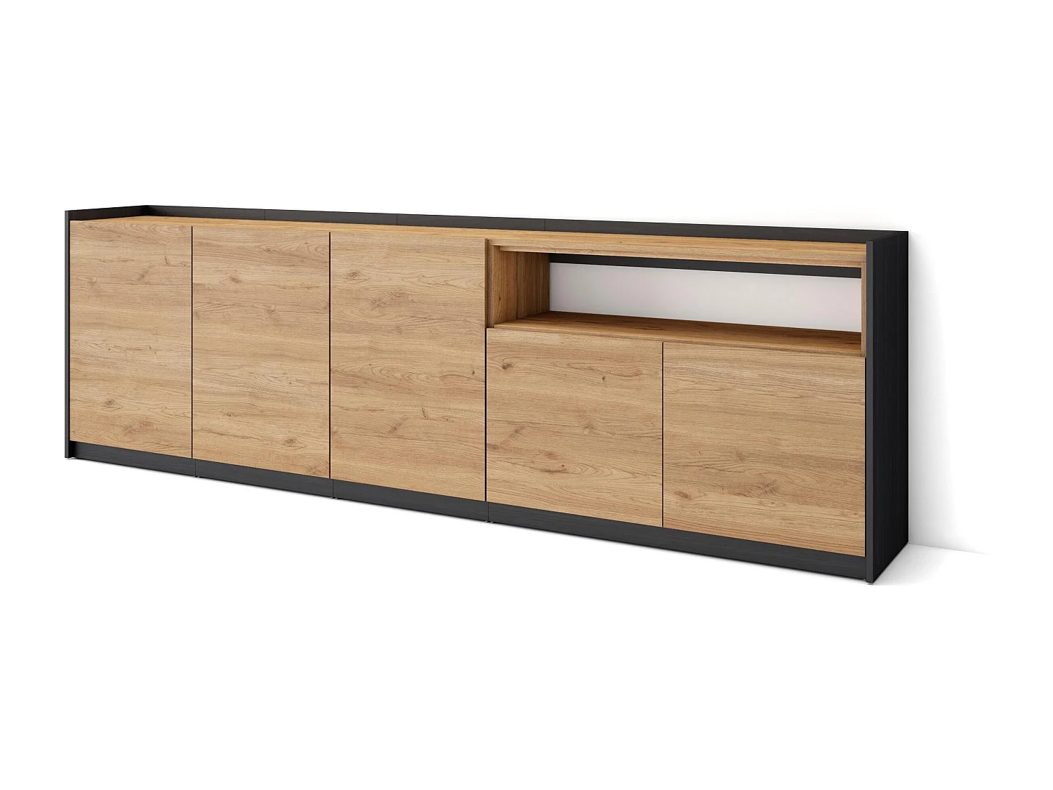 Dressoir, Opbergkast, 260x80x37 cm, 5 Deuren, Woonkamer, hal, Eiken/Zwart