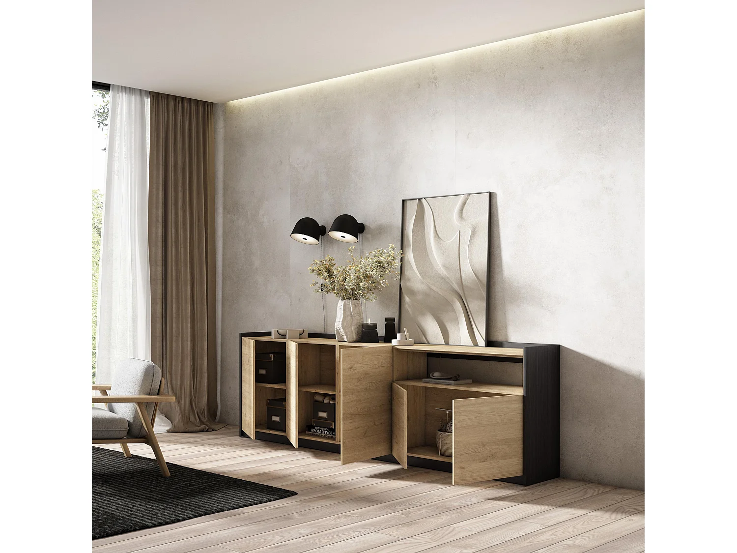 Dressoir, Opbergkast, 260x80x37 cm, 5 Deuren, Woonkamer, hal, Eiken/Zwart