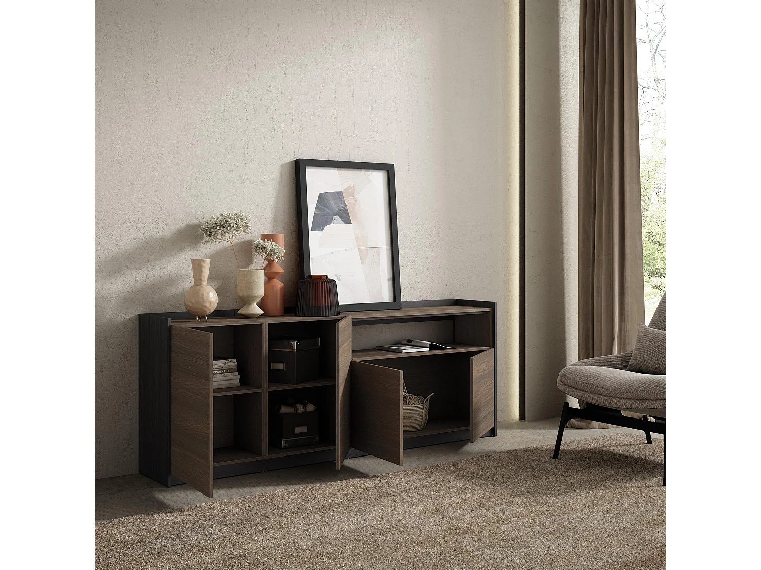 Buffet salon et cuisine, 207x80x37 cm, 4 Portes, Meuble chaussure, Chêne foncé et Noir