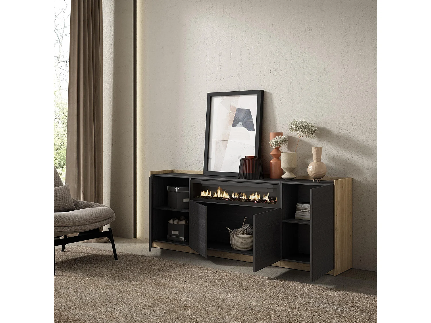 Dressoir, Opbergkast, 207x80x37 cm, 4 Deuren, Elektrische haard, Zwart/Eiken