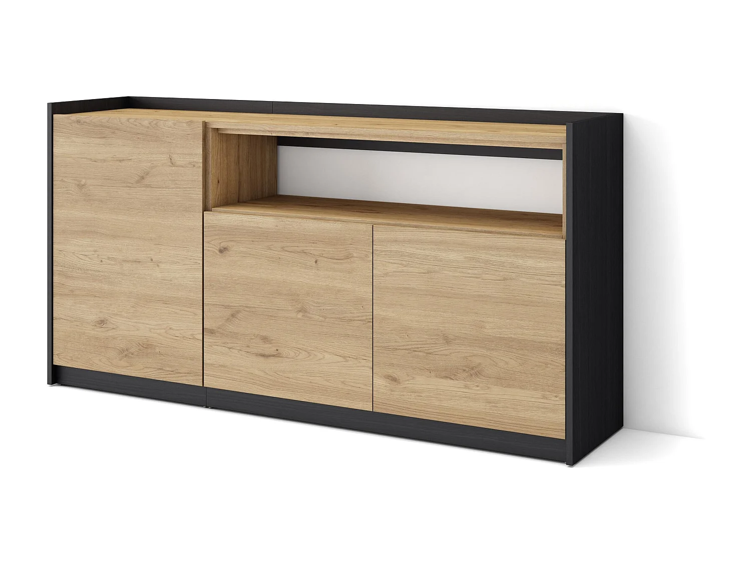 Buffet salon et cuisine, 156x80x37 cm, 3 Portes, Meuble chaussure, Chêne et noir