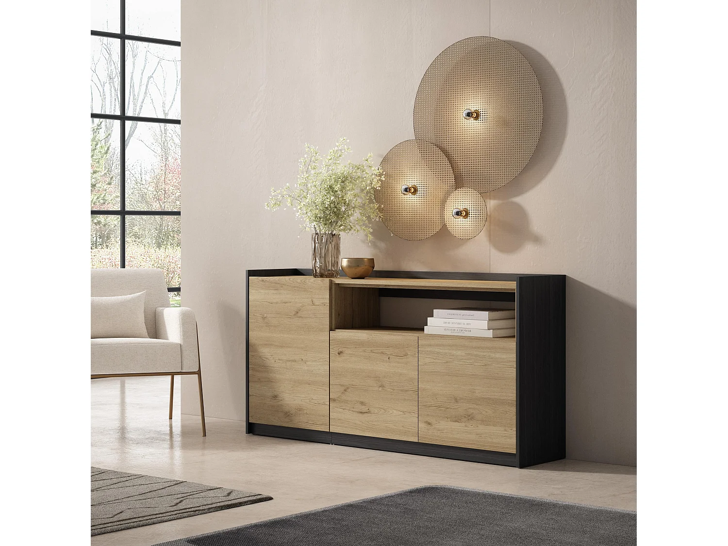 Dressoir, Opbergkast, 156x80x37 cm, 3 Deuren, Woonkamer, hal, Eiken/Zwart