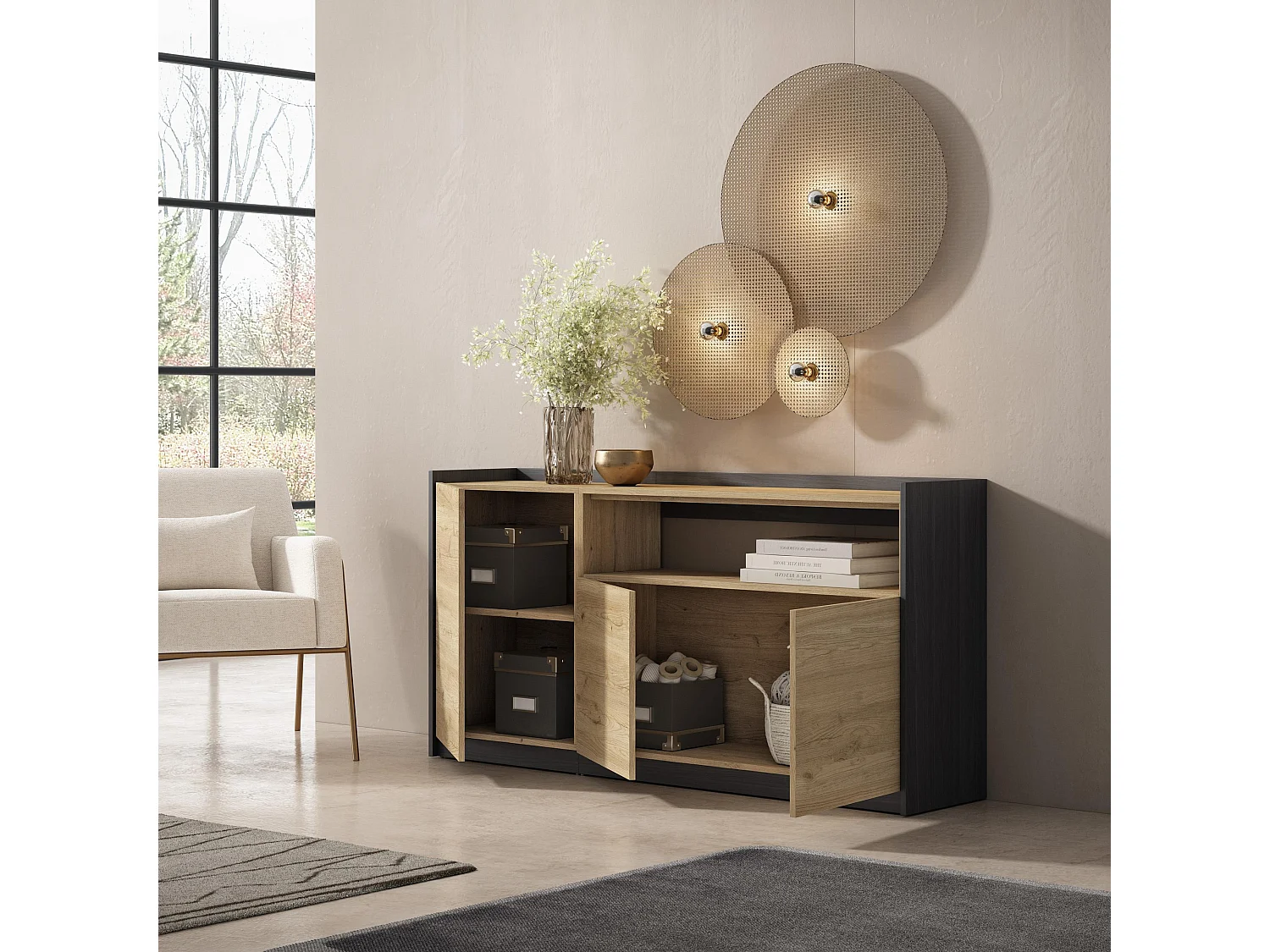 Dressoir, Opbergkast, 156x80x37 cm, 3 Deuren, Woonkamer, hal, Eiken/Zwart