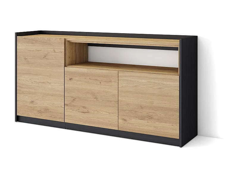 Buffet salon et cuisine, 156x80x37 cm, 3 Portes, Meuble chaussure, Chêne et noir