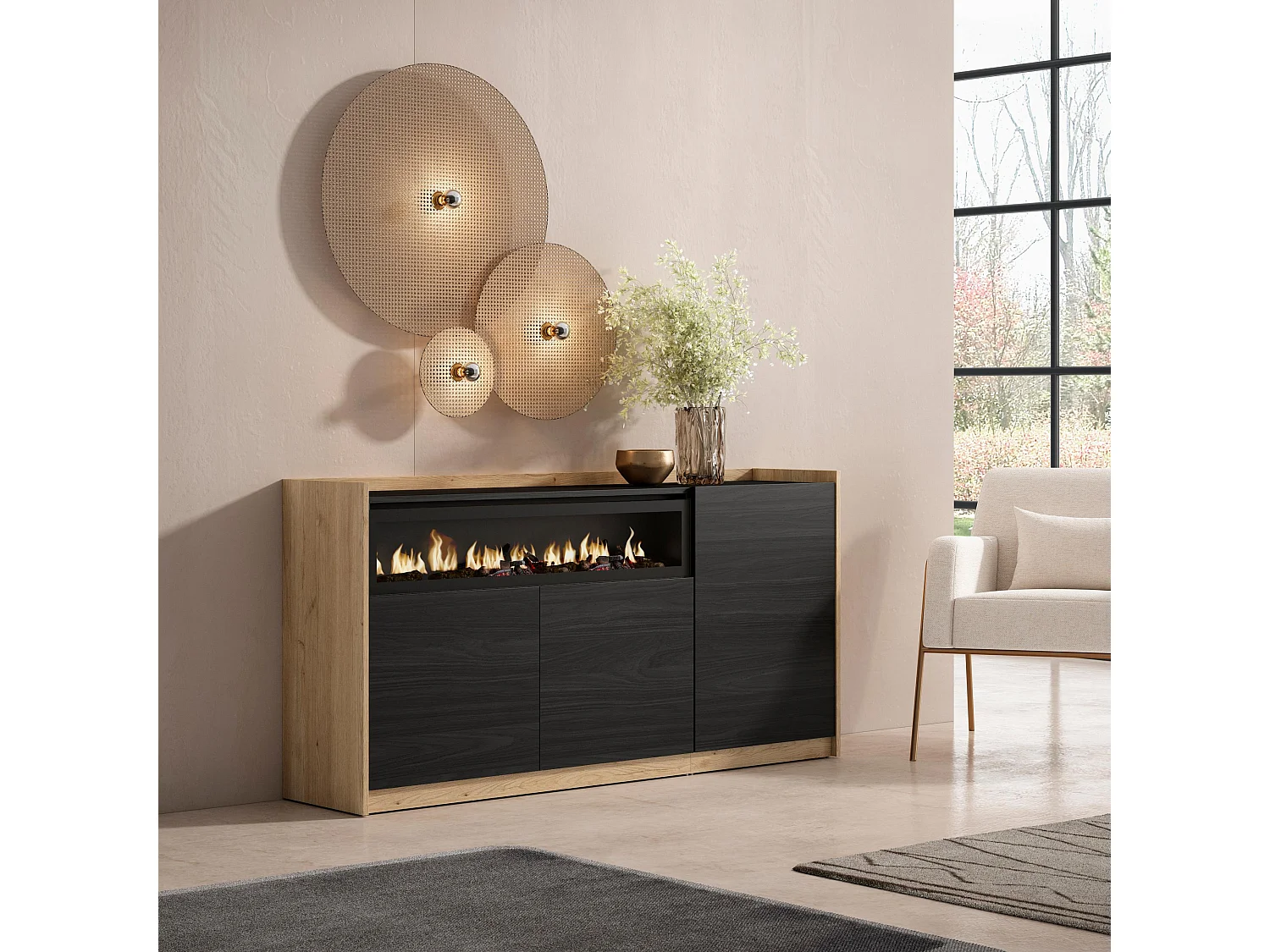 Dressoir, Opbergkast, 156x80x37 cm, 3 Deuren, Elektrische haard, Zwart/Eiken