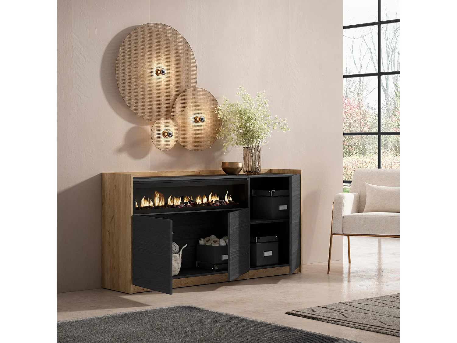 Dressoir, Opbergkast, 156x80x37 cm, 3 Deuren, Elektrische haard, Zwart/Eiken