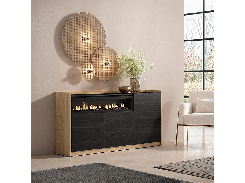 Aparadores para salón, 156x80x37 cm, 3 Puertas, Chimenea eléctrica, Negro y roble