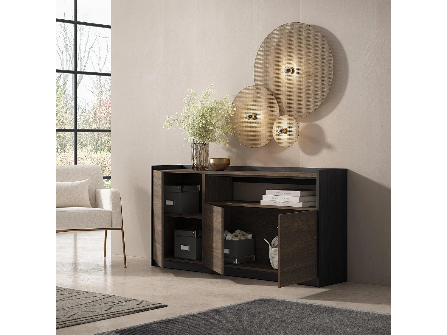 Buffet salon et cuisine, 156x80x37 cm, 3 Portes, Meuble chaussure, Chêne foncé et Noir