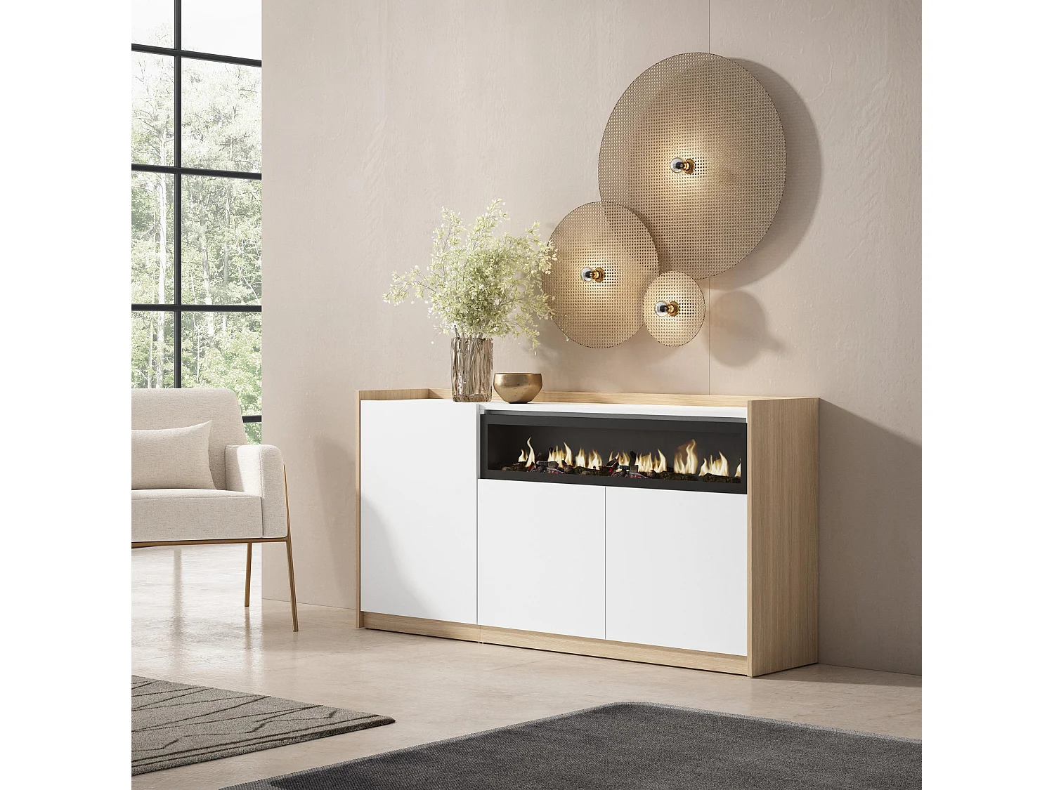 Buffet salon et cuisine, 156x80x37 cm, 3 Portes, Cheminée électrique, Blanc et Chêne Soft