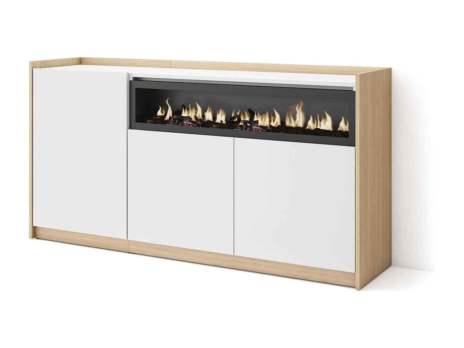 Dressoir, Opbergkast, 156x80x37 cm, 3 Deuren, Elektrische haard, Wit en Eiken soft