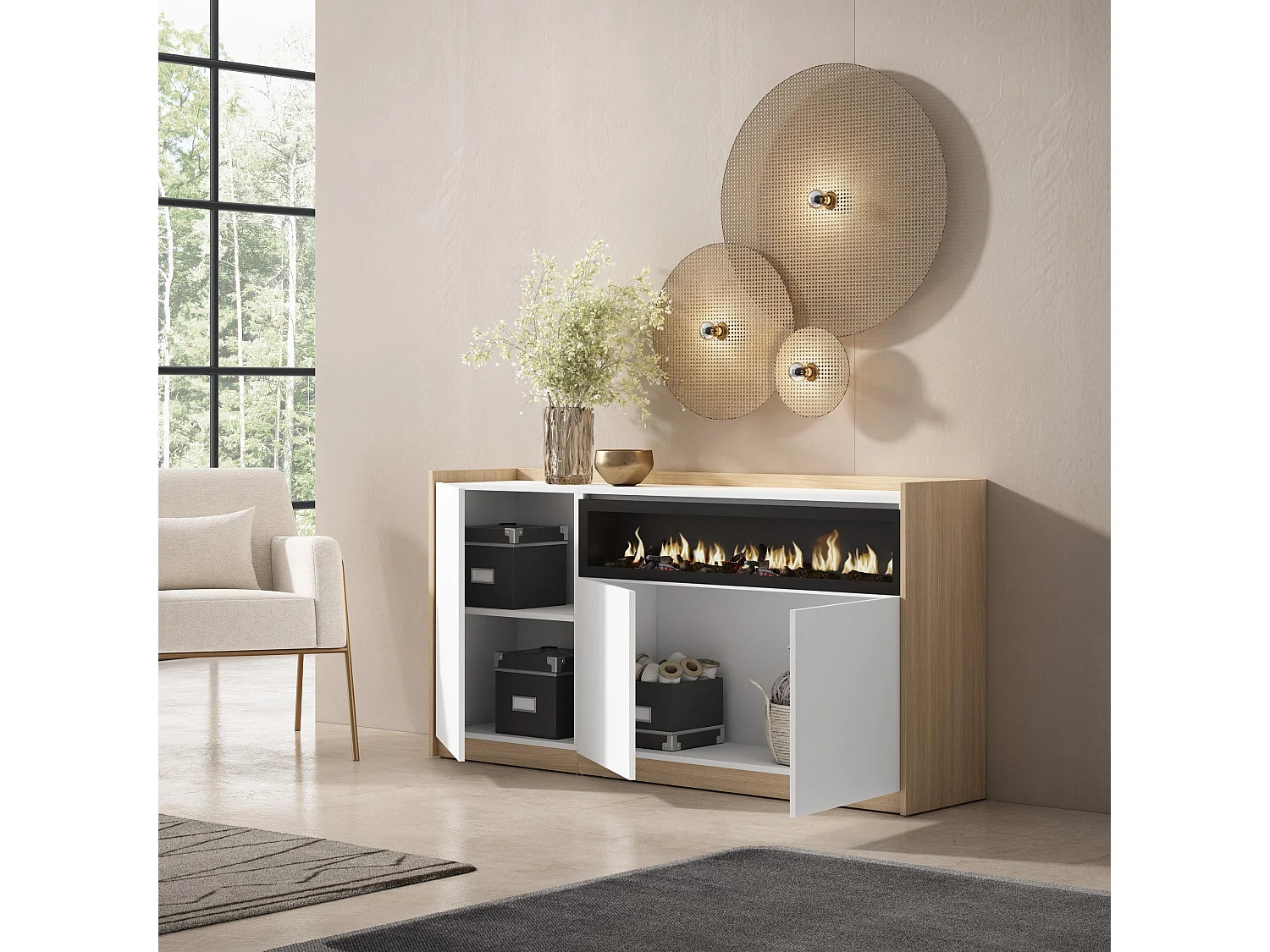 Dressoir, Opbergkast, 156x80x37 cm, 3 Deuren, Elektrische haard, Wit en Eiken soft