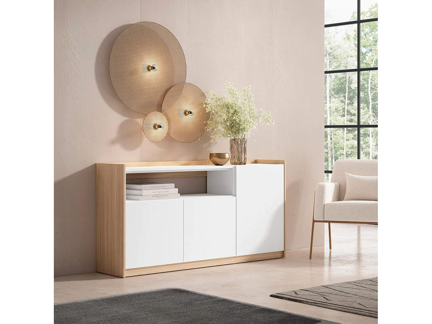 Buffet salon et cuisine, 156x80x37 cm, 3 Portes, Meuble chaussure, Blanc et Chêne Soft