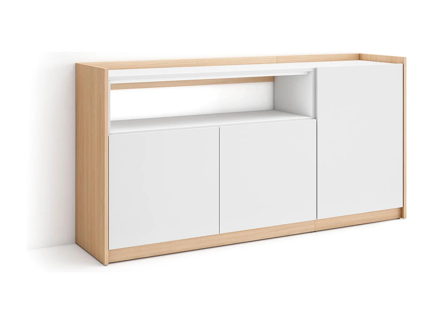 Dressoir, Opbergkast, 156x80x37 cm, 3 Deuren, Woonkamer, hal, Wit en Eiken soft
