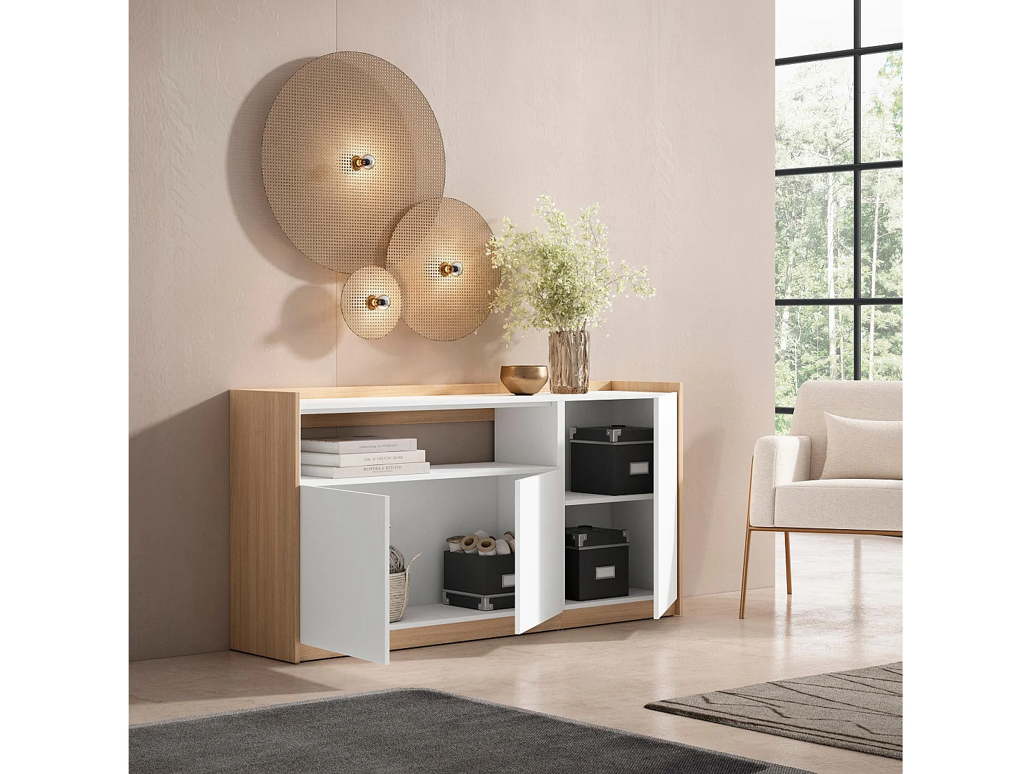 Dressoir, Opbergkast, 156x80x37 cm, 3 Deuren, Woonkamer, hal, Wit en Eiken soft