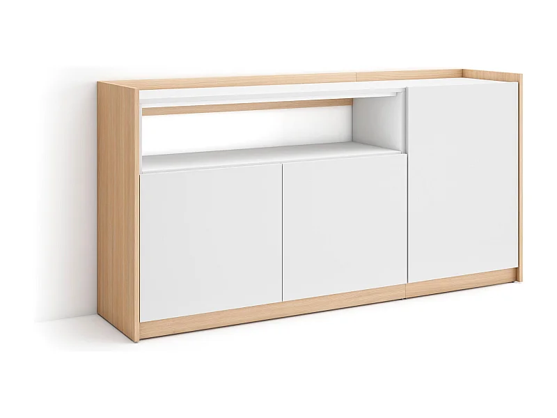 Buffet salon et cuisine, 156x80x37 cm, 3 Portes, Meuble chaussure, Blanc et Chêne Soft