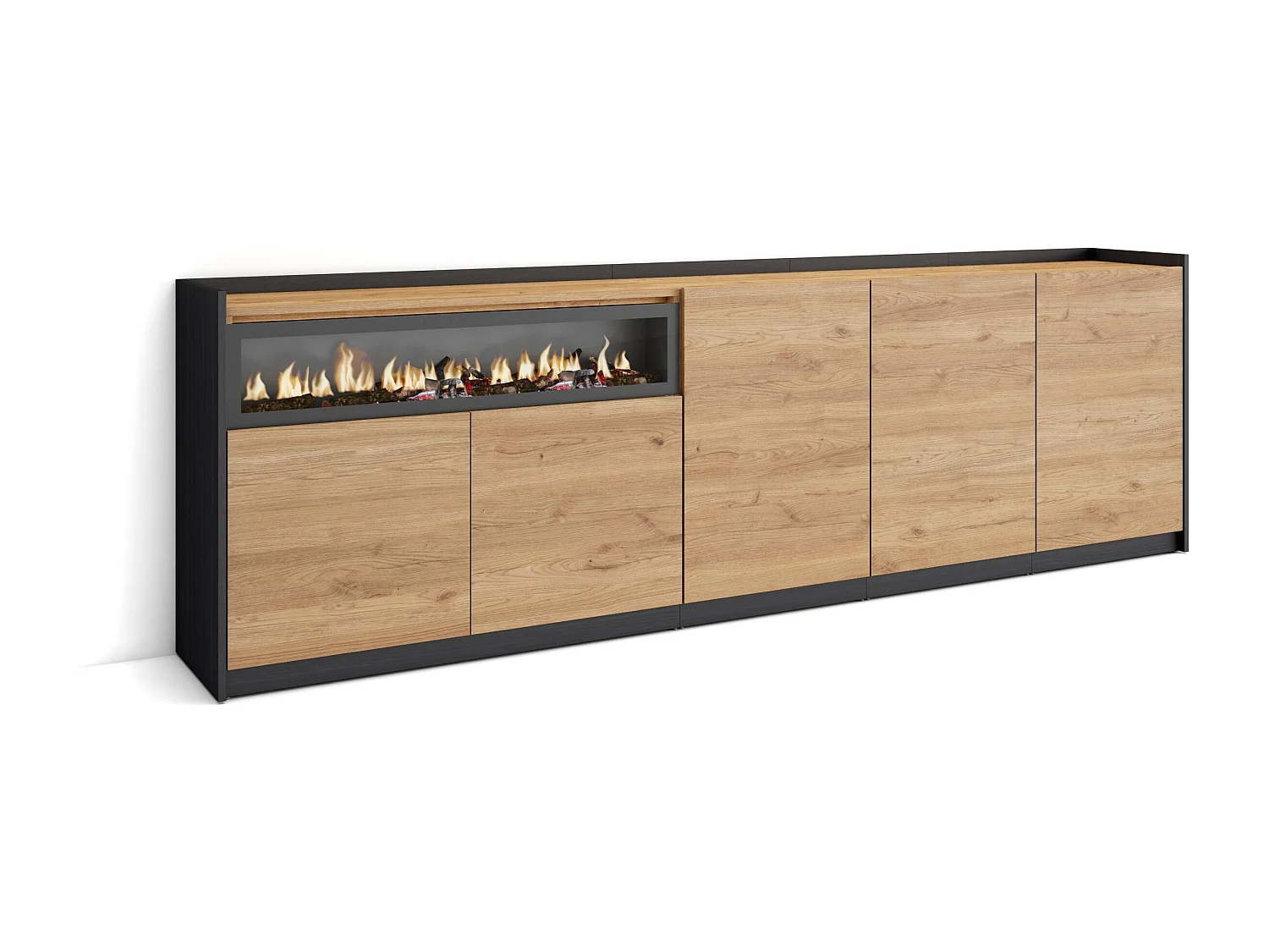 Dressoir, Opbergkast, 260x80x37 cm, 5 Deuren, Elektrische haard, Eiken/Zwart