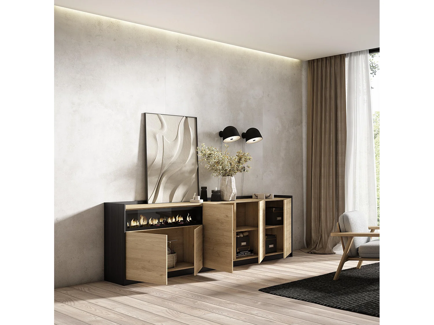 Dressoir, Opbergkast, 260x80x37 cm, 5 Deuren, Elektrische haard, Eiken/Zwart