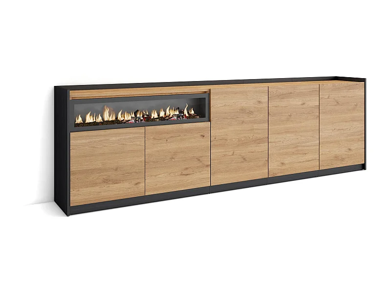 Buffet salon et cuisine, 260x80x37 cm, 5 Portes, Cheminée électrique, Chêne et noir