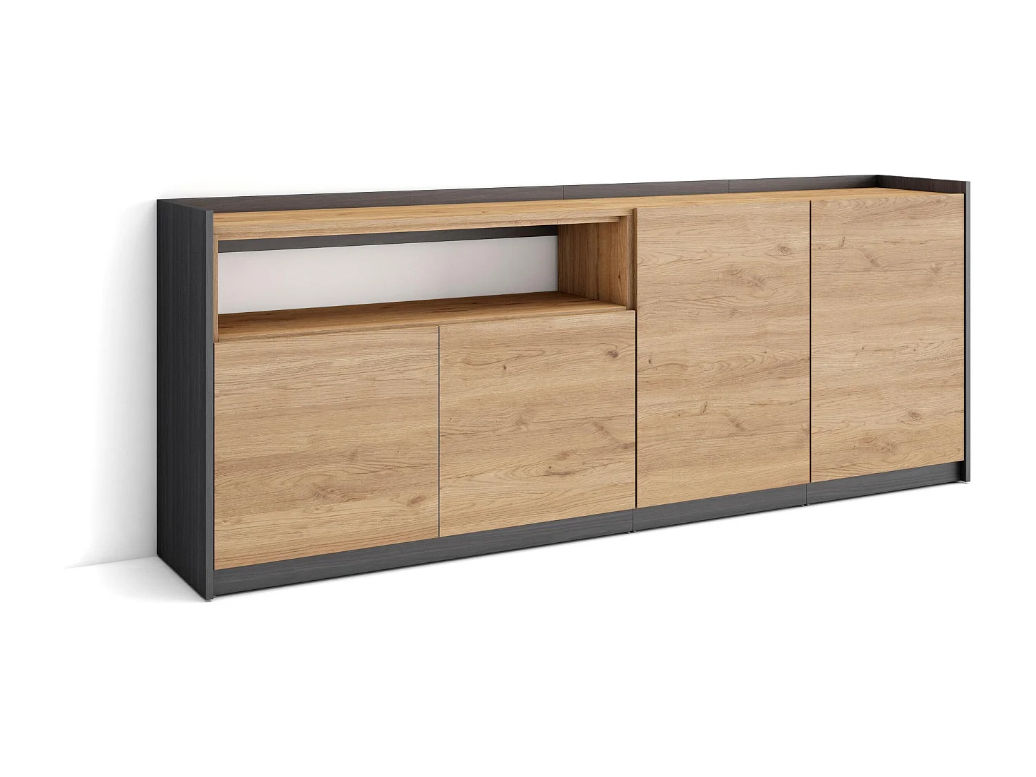 Buffet salon et cuisine, 207x80x37 cm, 4 Portes, Meuble chaussure, Chêne et noir