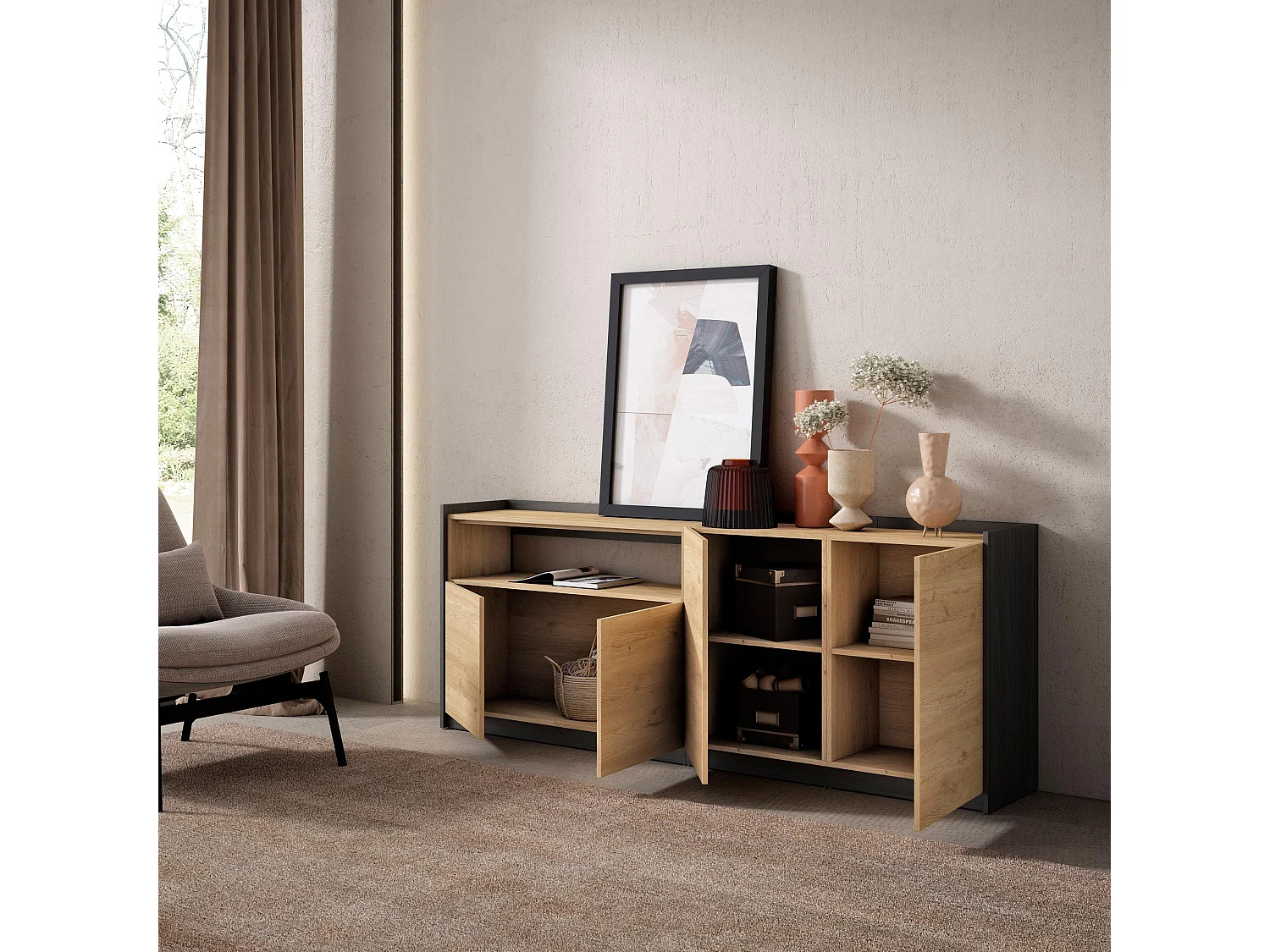 Dressoir, Opbergkast, 207x80x37 cm, 4 Deuren, Woonkamer, hal, Eiken/Zwart