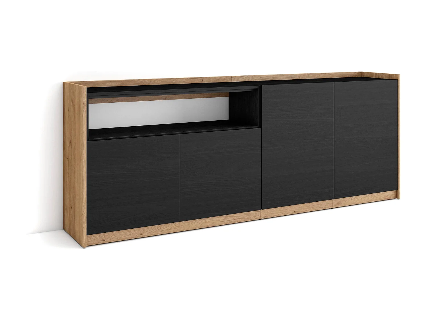 Buffet salon et cuisine, 207x80x37 cm, 4 Portes, Meuble chaussure, Noir et chêne