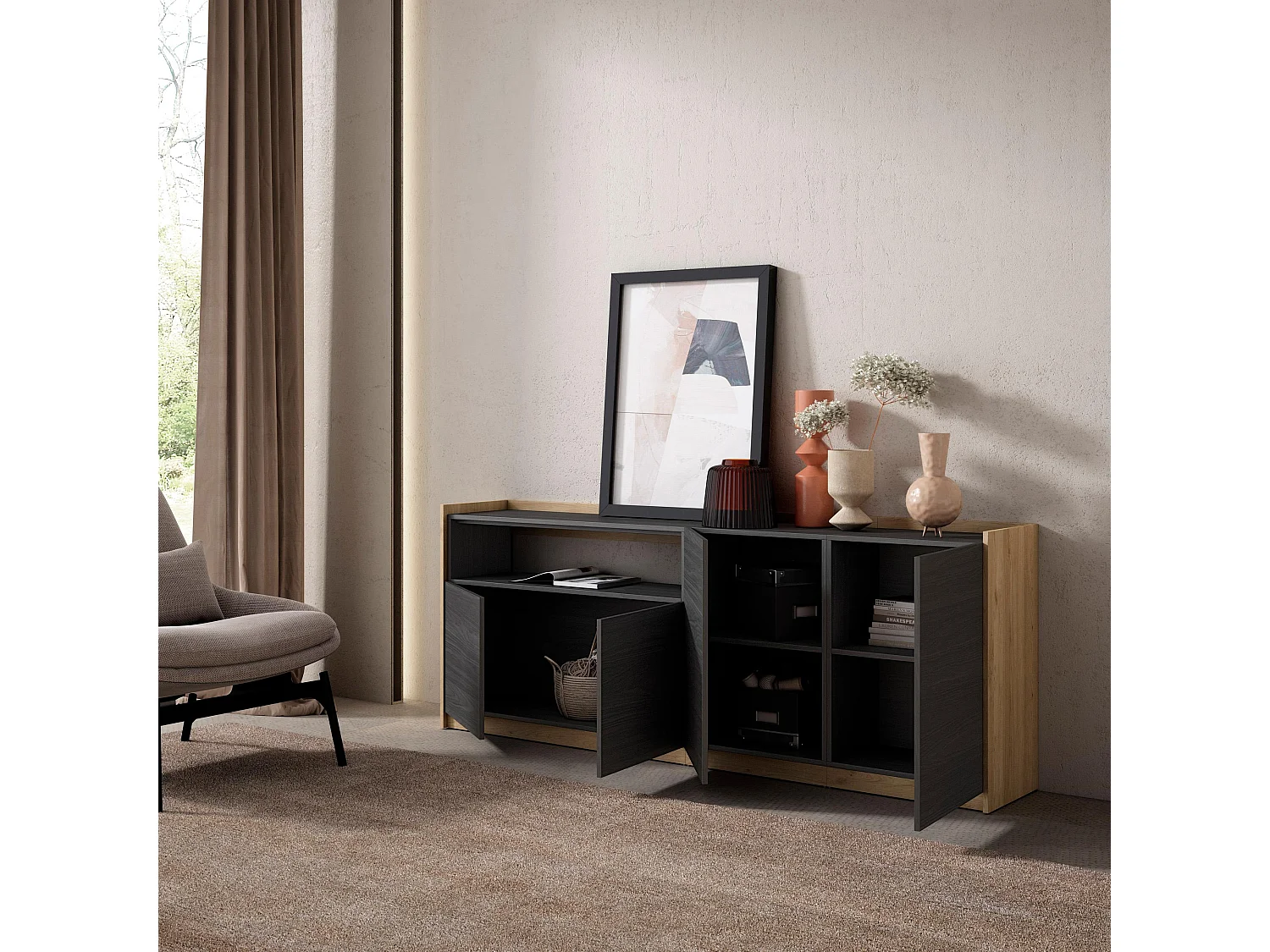 Dressoir, Opbergkast, 207x80x37 cm, 4 Deuren, Woonkamer, hal, Zwart/Eiken