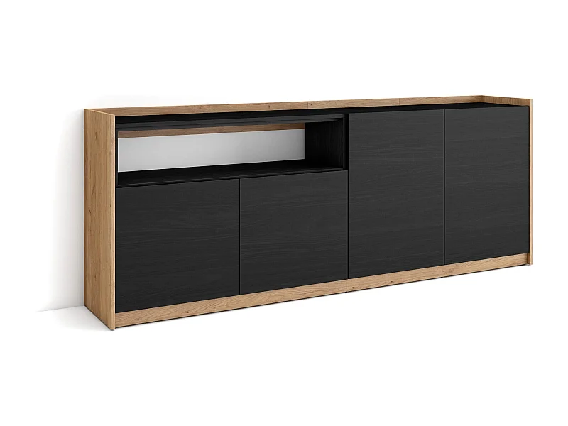 Buffet salon et cuisine, 207x80x37 cm, 4 Portes, Meuble chaussure, Noir et chêne