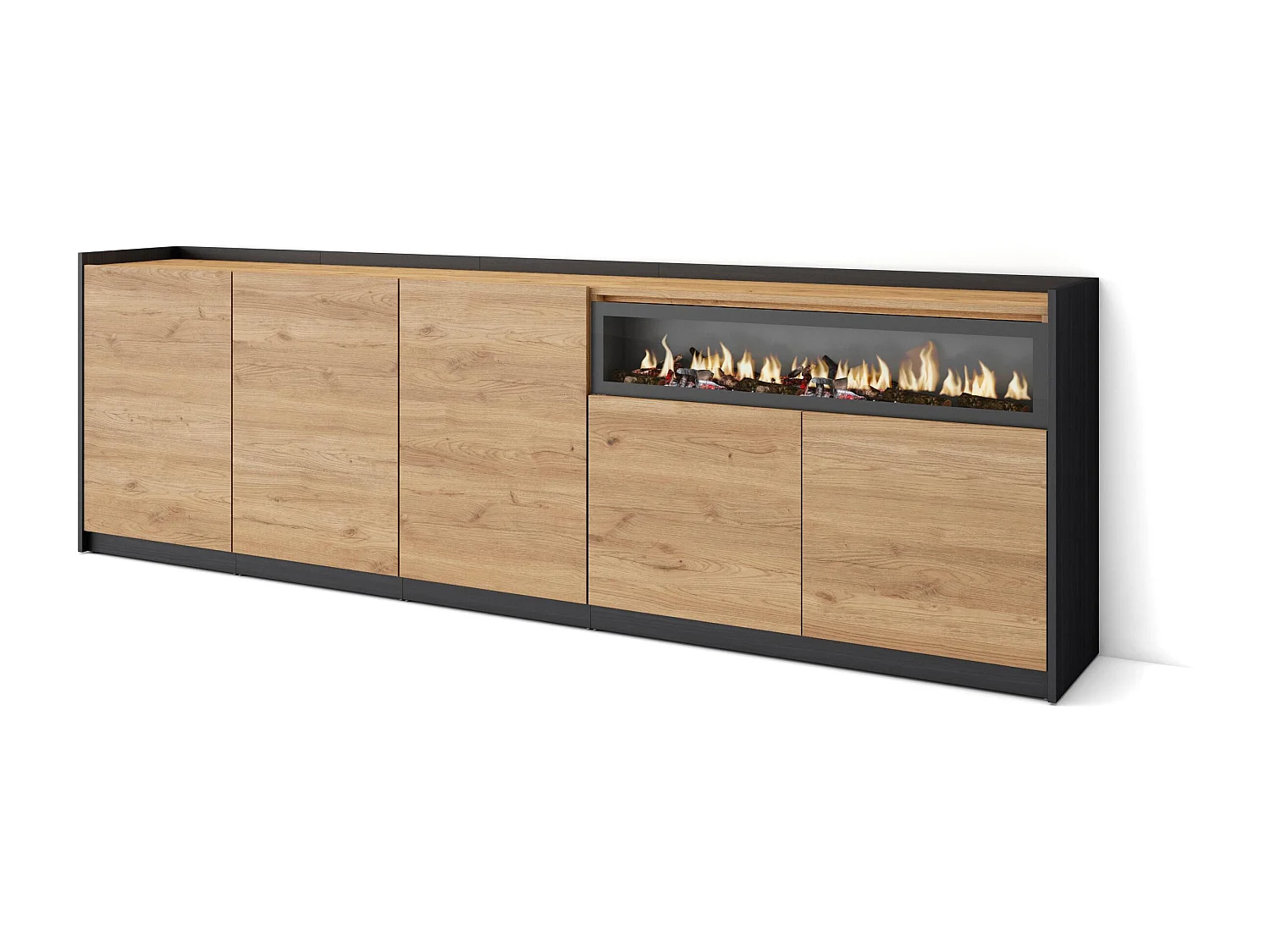 Buffet salon et cuisine, 260x80x37 cm, 5 Portes, Cheminée électrique, Chêne et noir