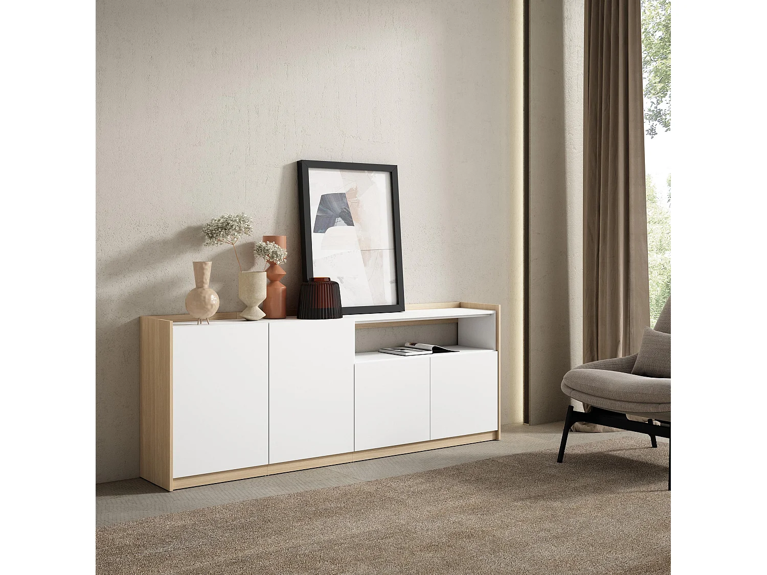 Dressoir, Opbergkast, 207x80x37 cm, 4 Deuren, Woonkamer, hal, Wit en Eiken soft