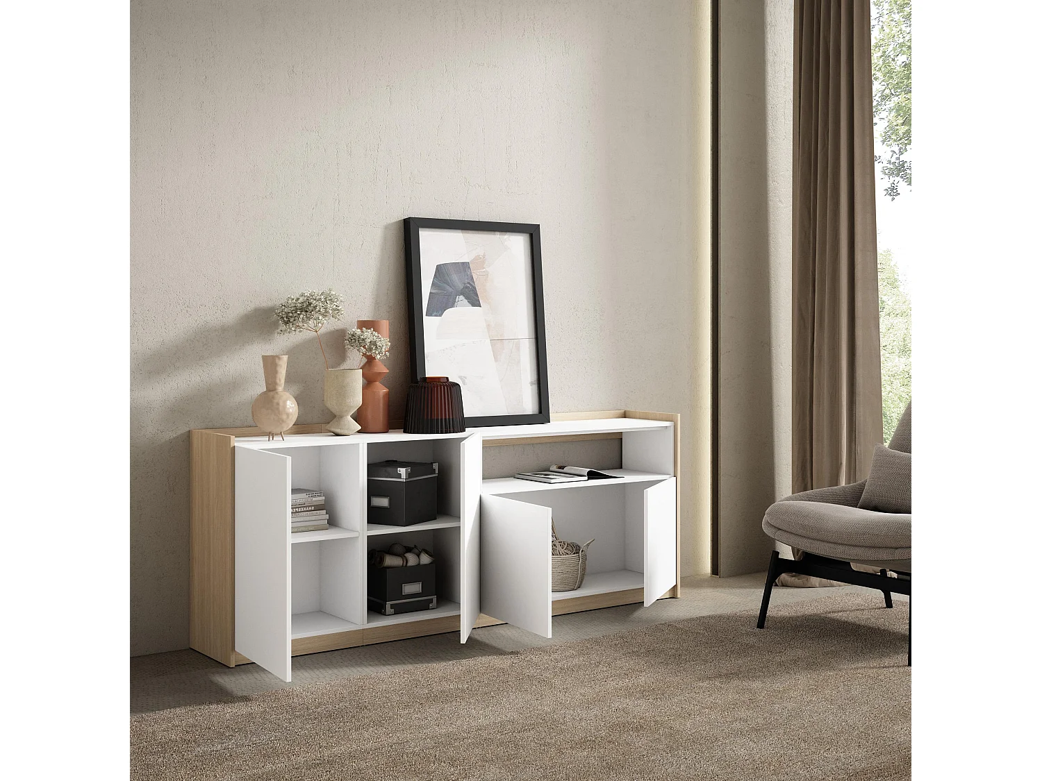 Dressoir, Opbergkast, 207x80x37 cm, 4 Deuren, Woonkamer, hal, Wit en Eiken soft