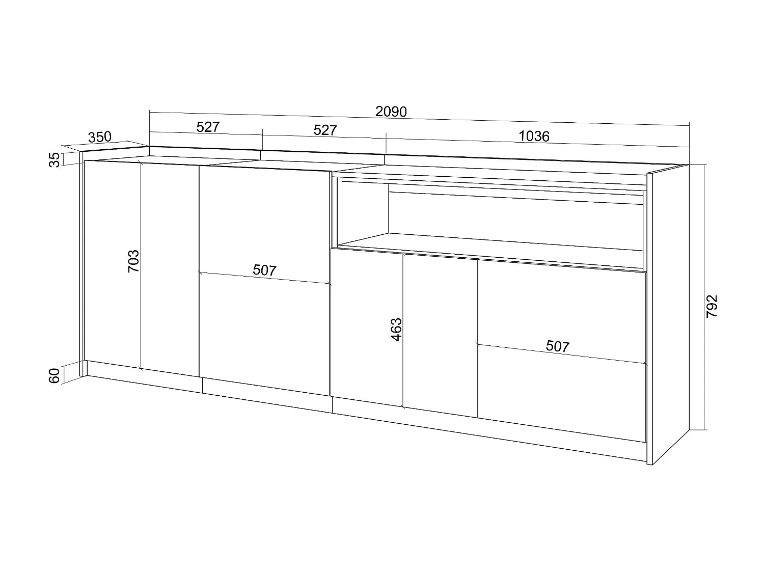 Dressoir, Opbergkast, 207x80x37 cm, 4 Deuren, Woonkamer, hal, Wit en Eiken soft