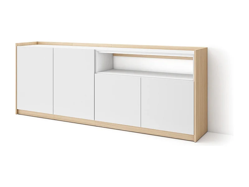 Buffet salon et cuisine, 207x80x37 cm, 4 Portes, Meuble chaussure, Blanc et Chêne Soft