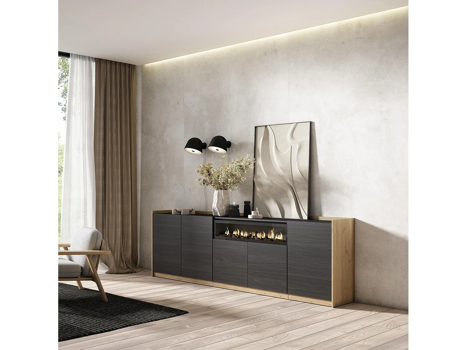 Dressoir, Opbergkast, 260x80x37 cm, 5 Deuren, Elektrische haard, Zwart/Eiken