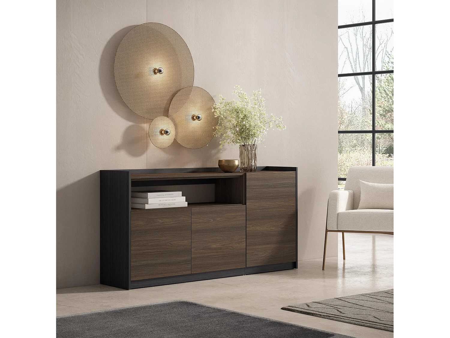 Buffet salon et cuisine, 156x80x37 cm, 3 Portes, Meuble chaussure, Chêne foncé et Noir